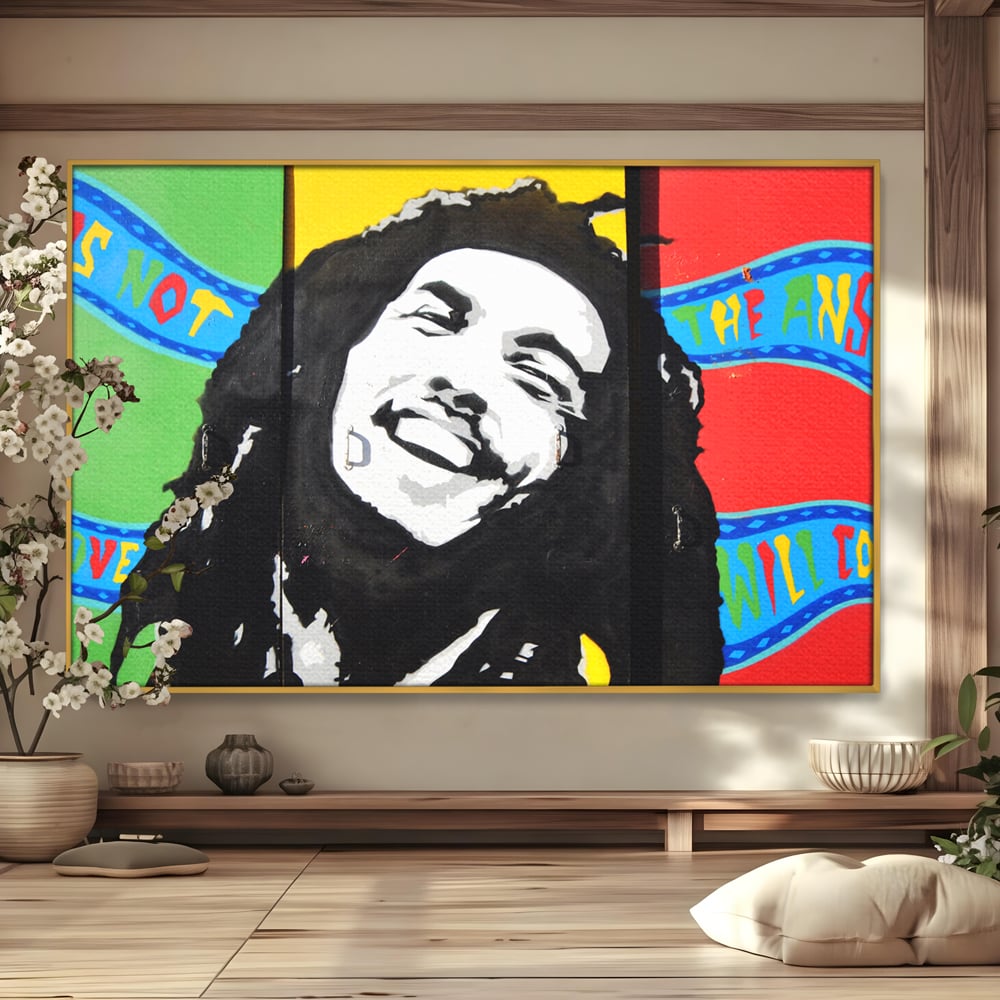 Tablou canvas cu tablou pictat cu portretul lui bob marley, in rama de aluminiu auriu